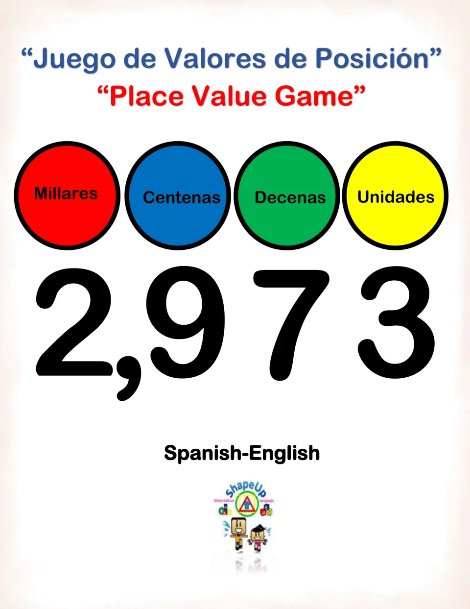 Cover of a Spanish-English place value game: Millares, Centenas, Decenas, Unidades labels above the number 2,973