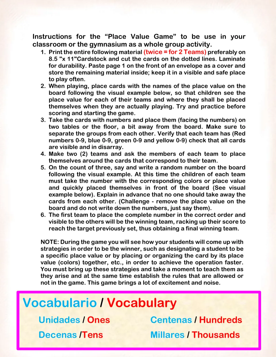 English game directions and a vocabulary list pairing Unidades/Ones, Decenas/Tens, Centenas/Hundreds, Millares/Thousands