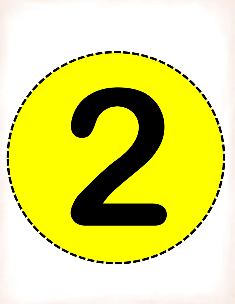 Number card 2 on a yellow circle, a cut-and-laminate digit card students hold up to fill the ones place in the game