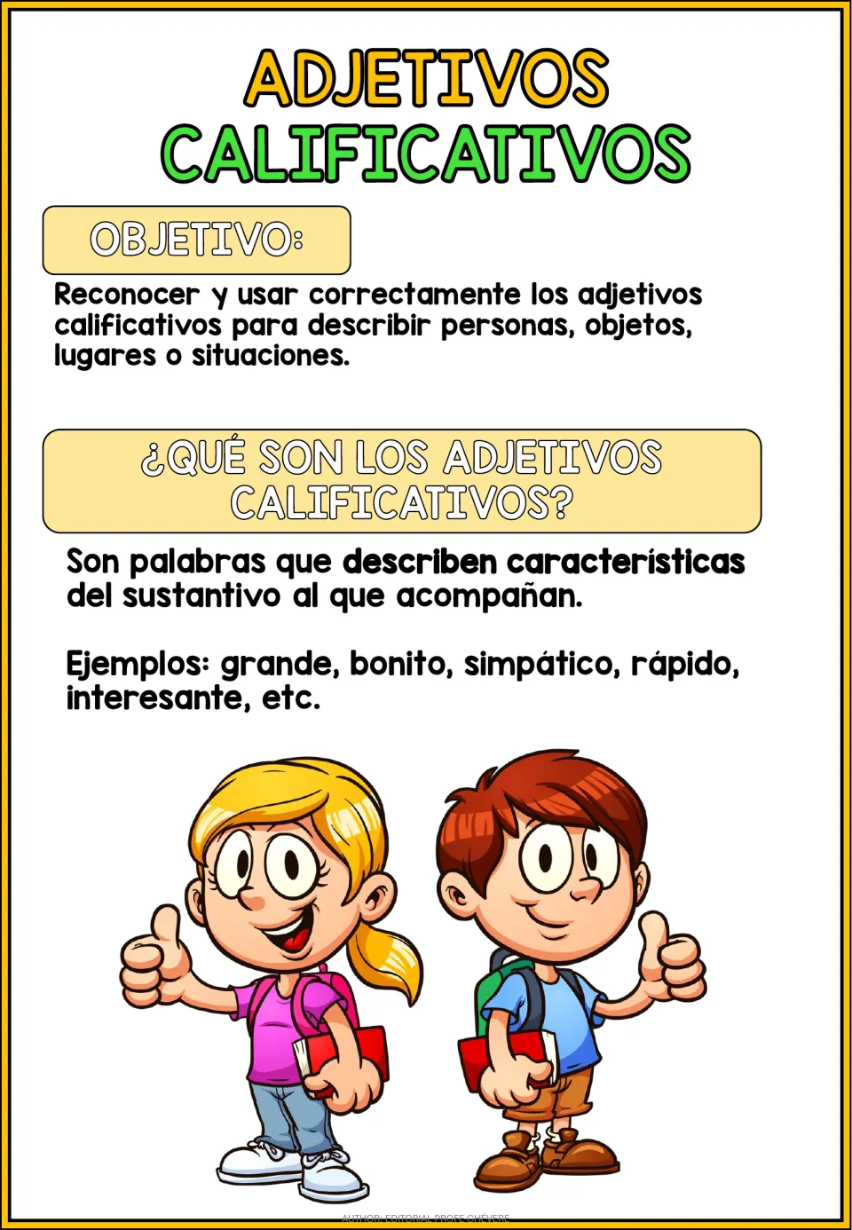 Adjetivos calificativos intro: objective, a Spanish definition of descriptive adjectives and examples like grande and rápido