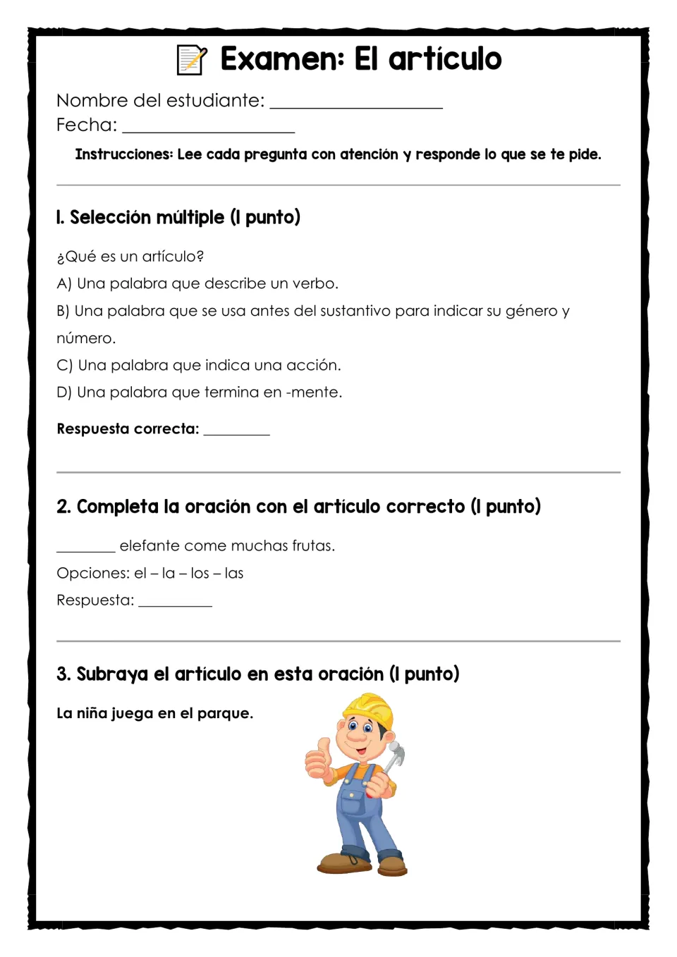 Spanish article test, questions 1–3: define an article, complete an elephant sentence, and underline articles.