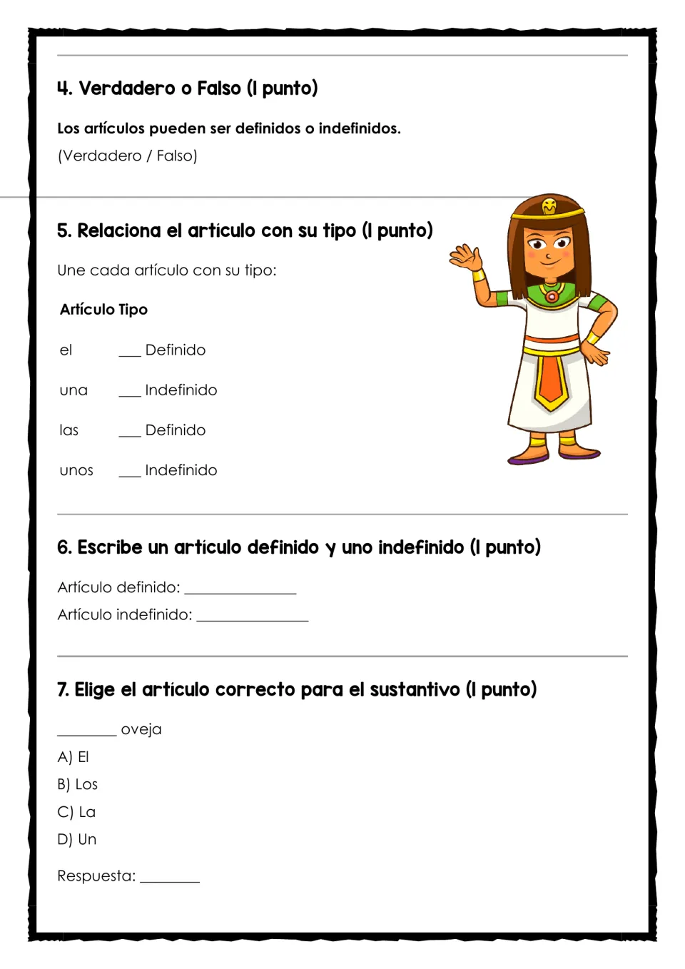 Spanish article test, questions 4–7: classify definite and indefinite articles and choose an article for oveja (sheep).
