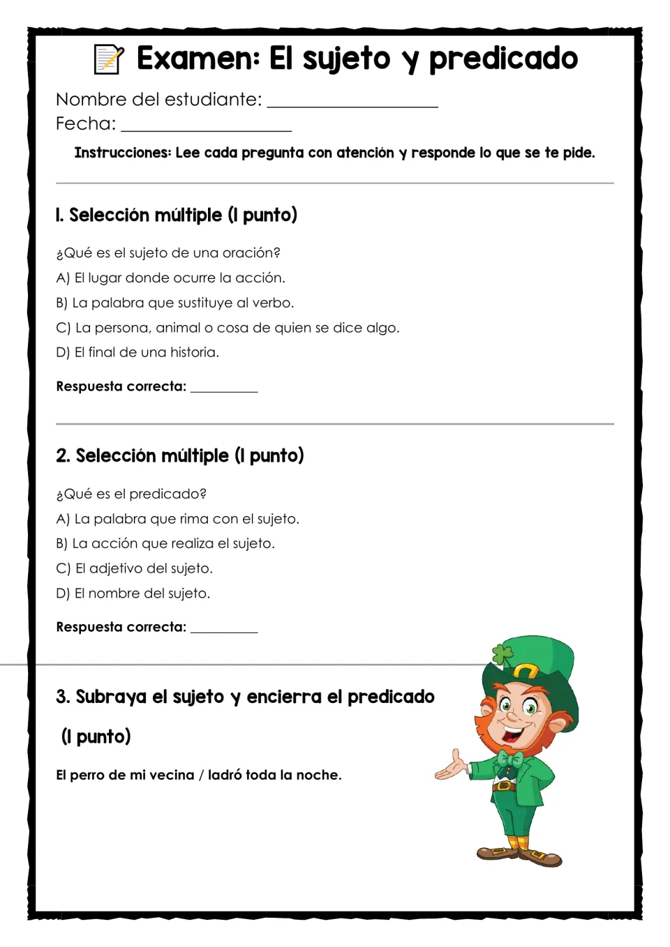 Subject and predicate test in Spanish, items 1-3: two multiple-choice definitions, then underline subject, circle predicate