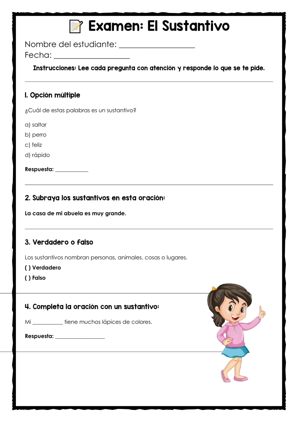 Spanish noun test, items 1-4: students answer multiple choice, underline words in a sentence, mark true/false, fill a blank