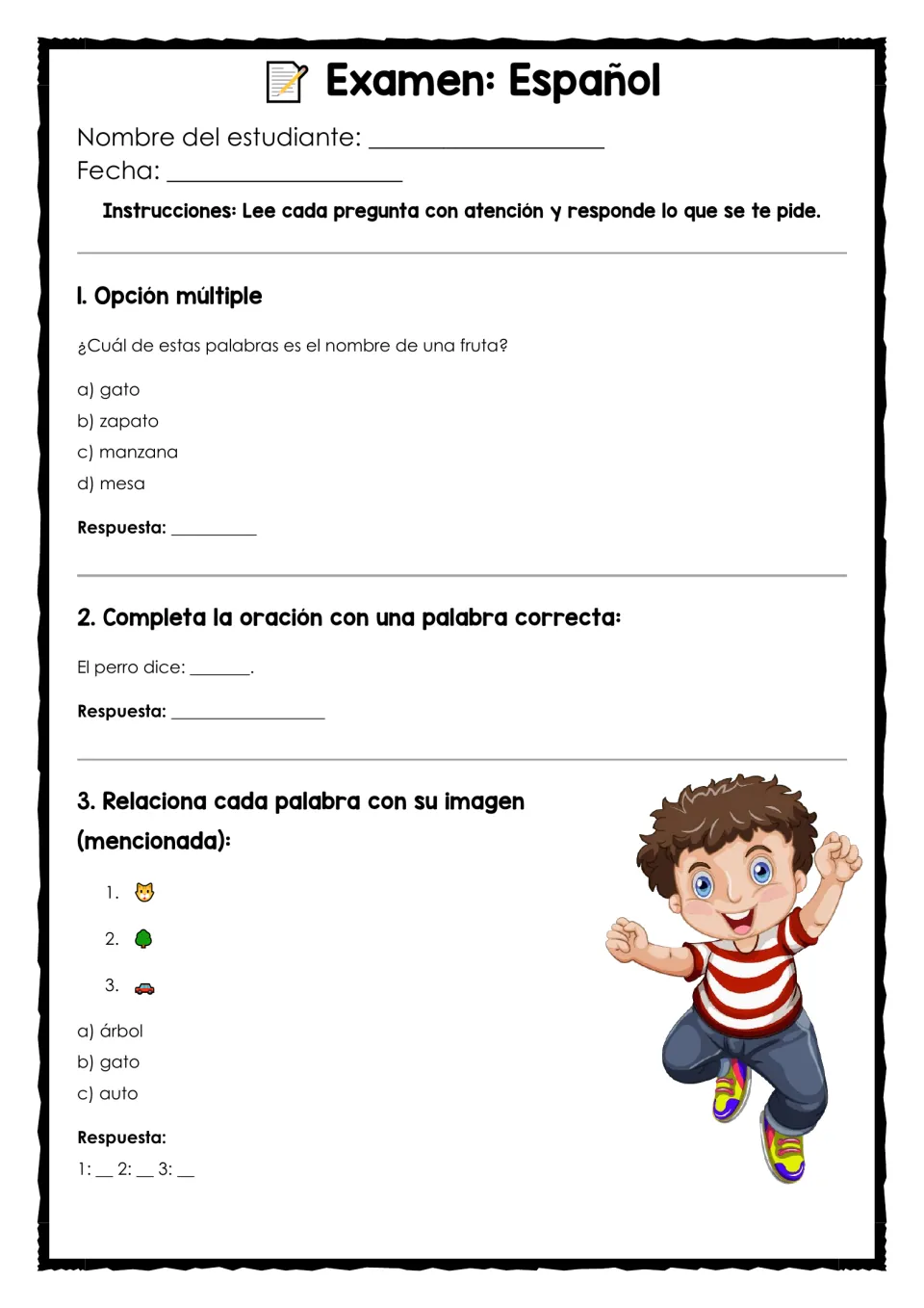 Spanish test questions 1–3: identify a fruit, complete “El perro dice” (The dog says), and match pictures.