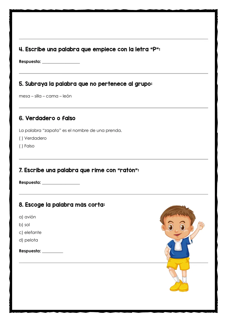 Spanish test questions 4–8: write a P word, find an odd word, judge a statement, rhyme, and compare length.