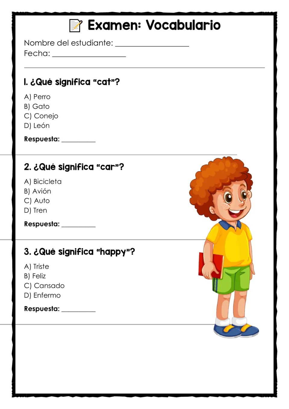 Vocabulary test questions 1–3 ask for the Spanish meanings of cat, car, and happy from four choices.
