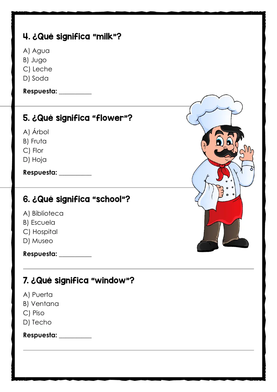 Vocabulary test questions 4–7 ask for Spanish meanings of milk, flower, school, and window from four choices.