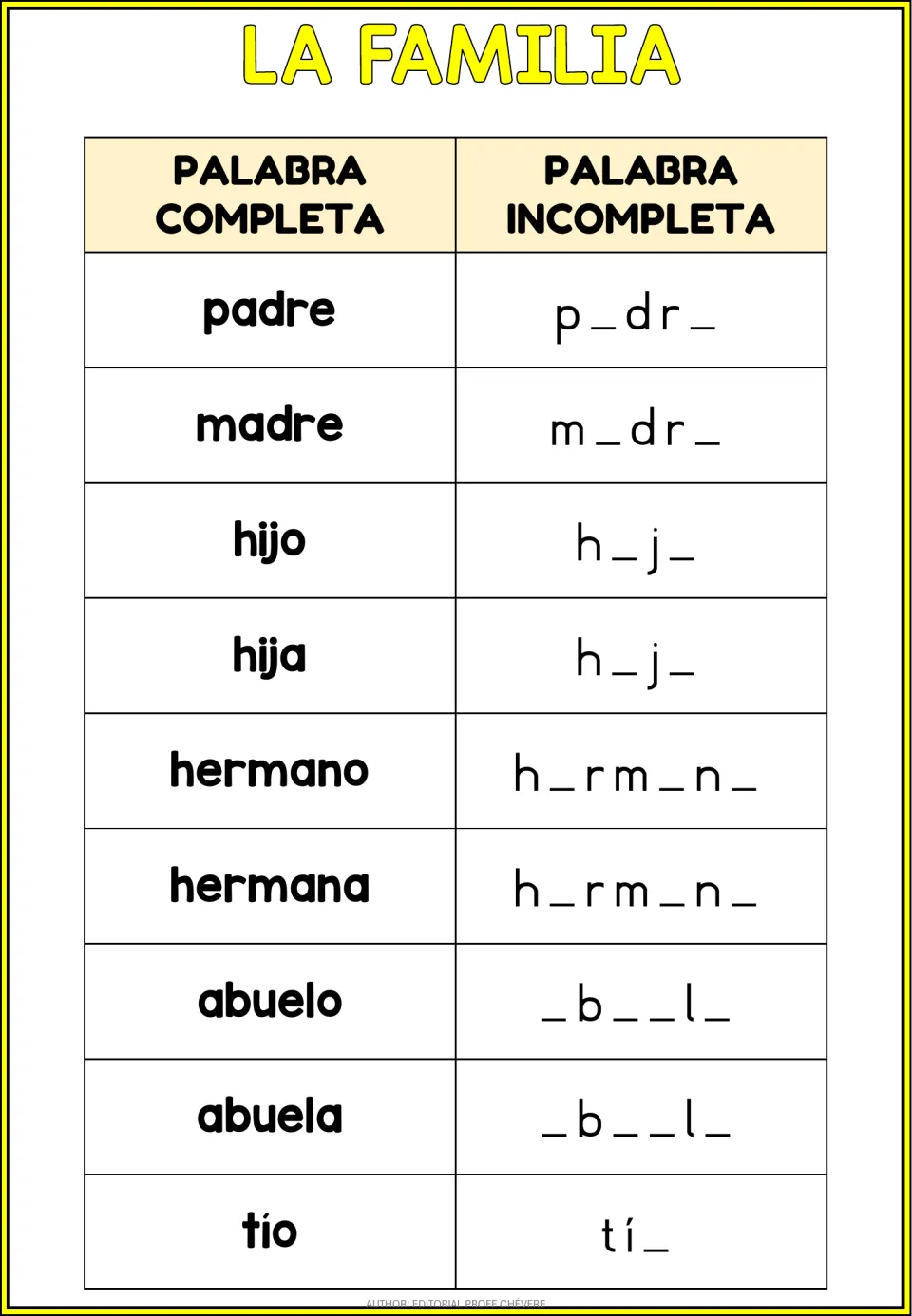 Family vocabulary practice 1: padre (father), madre (mother) and seven more words with missing vowels.