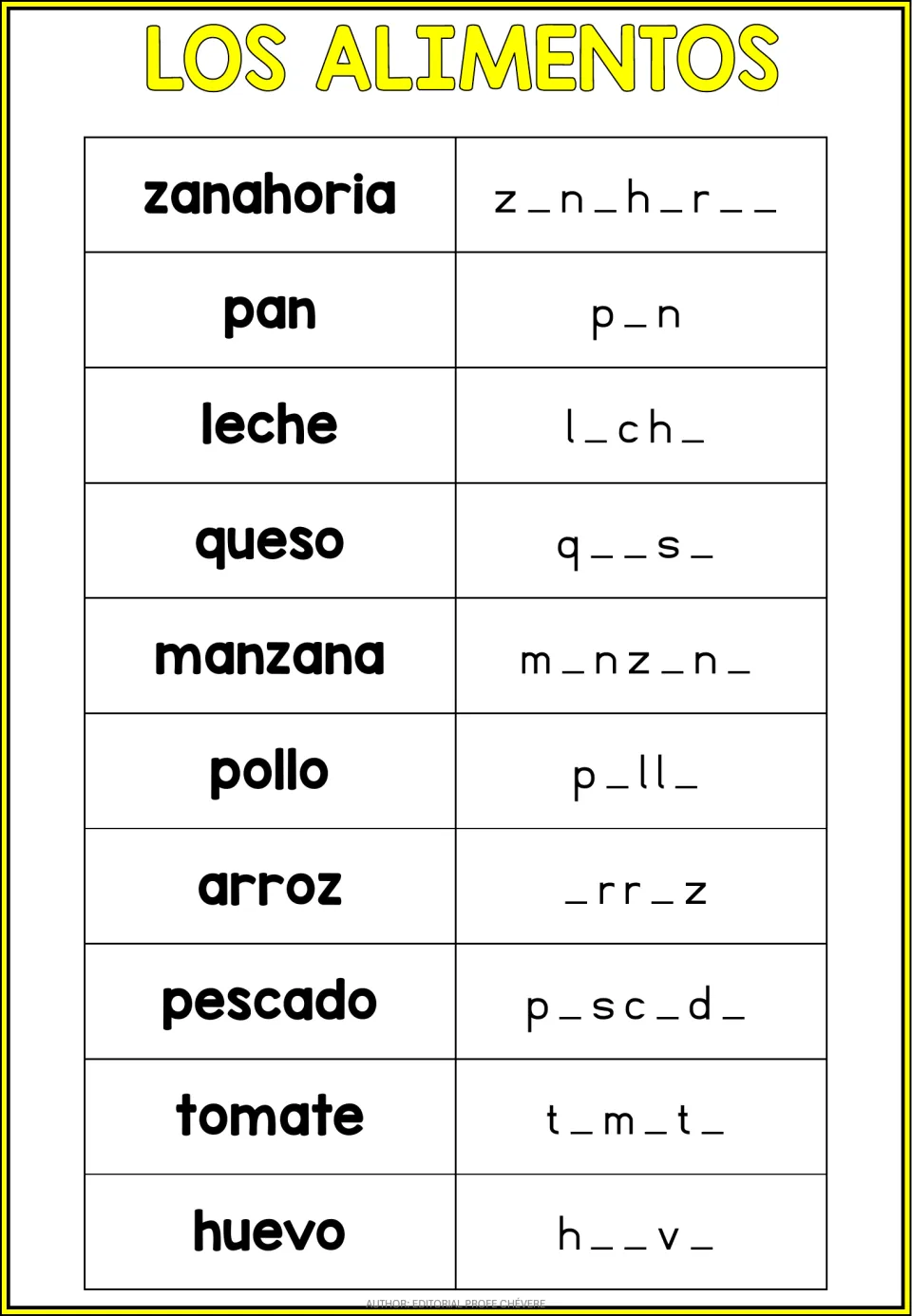 Spanish food vocabulary practice 1 of 2: zanahoria (carrot), pan (bread) and eight more with missing vowels.