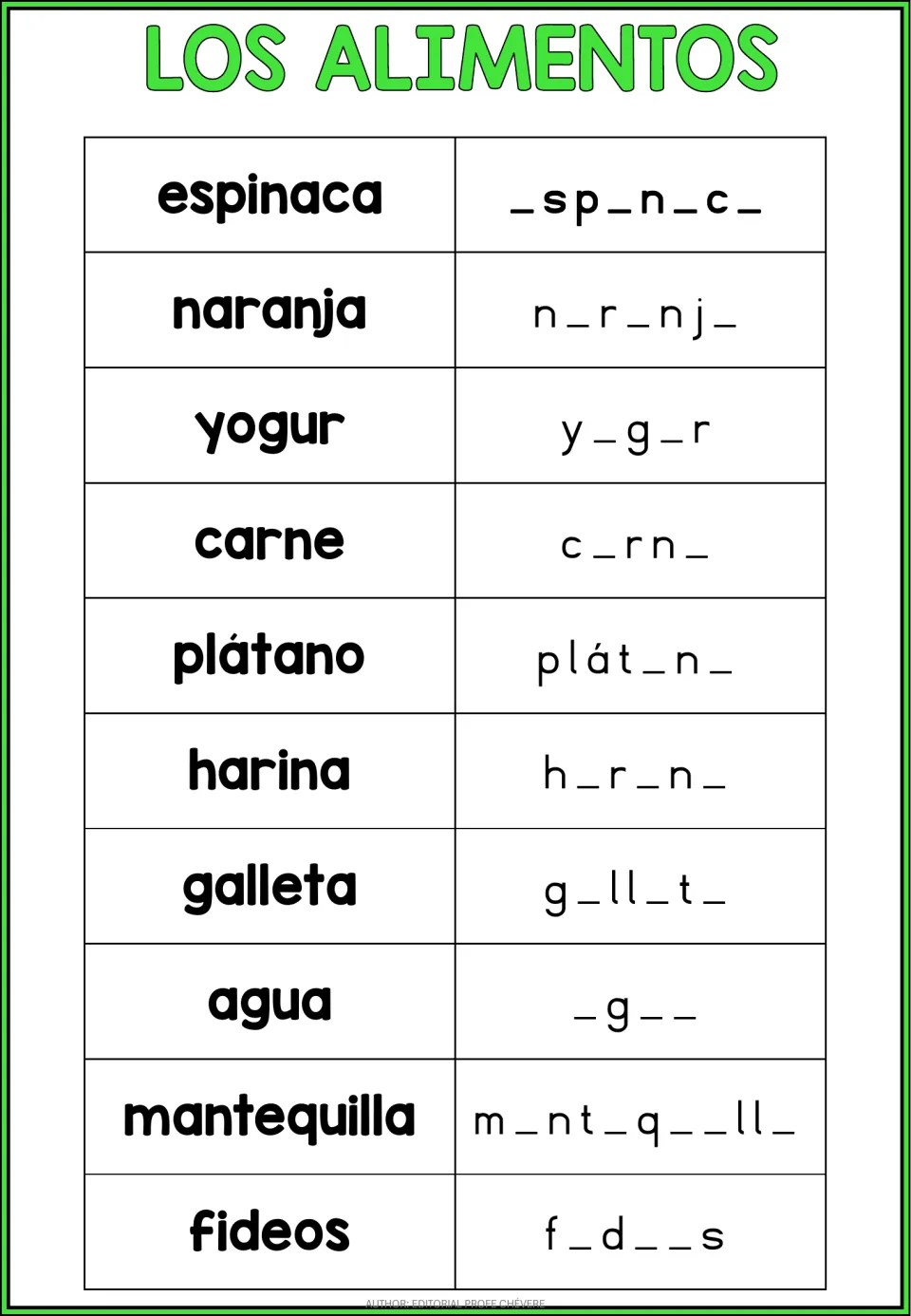 Spanish food vocabulary practice 2 of 2: espinaca (spinach), naranja (orange) and eight more with missing vowels.