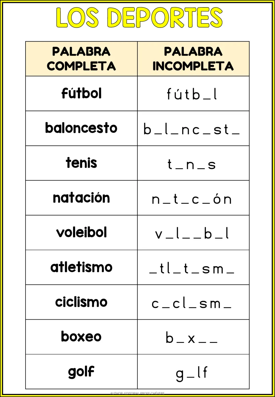 Spanish sports practice 1: complete missing vowels in fútbol (soccer), tenis (tennis) and seven more words