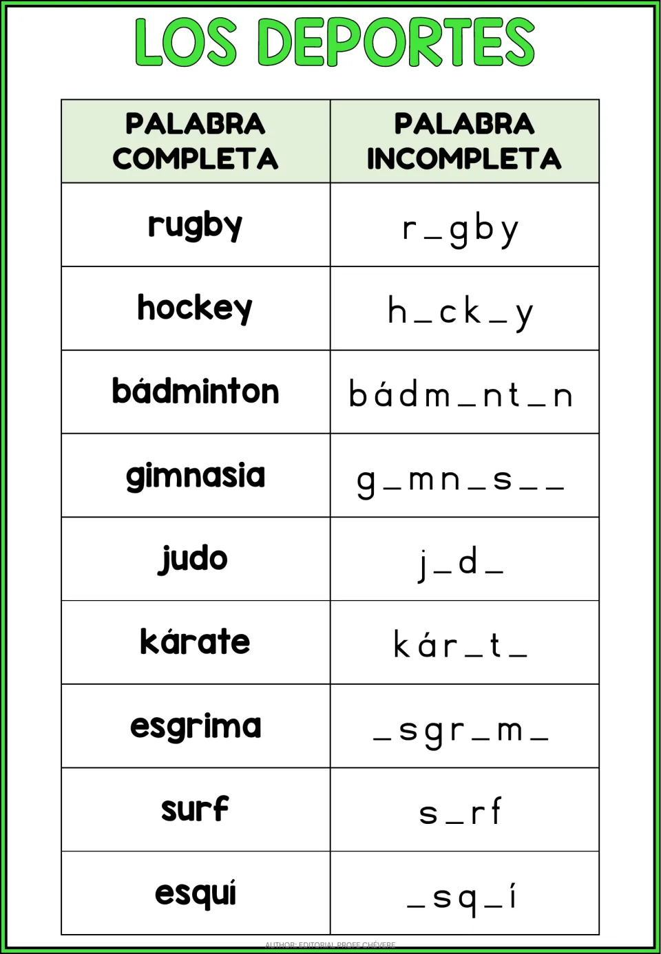 Spanish sports practice 2: complete missing vowels in rugby, hockey, esquí (skiing) and six more words