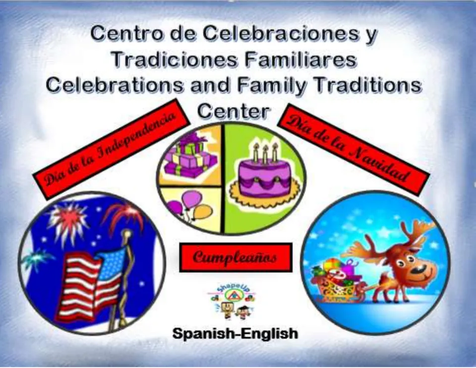 Spanish-English center activity cover showing Independence Day, birthday, and Christmas celebration pictures
