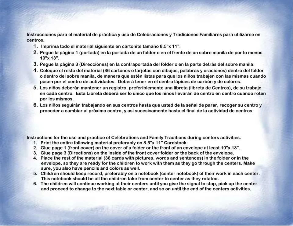 Bilingual center setup instructions for printing, storing 36 cards, keeping notebooks, and rotating centers