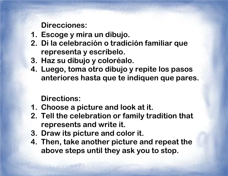 Bilingual student directions: choose a picture, name and write the celebration, then draw and color it