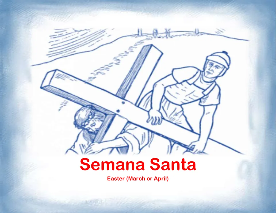 Celebration card labeled Semana Santa (Holy Week), with a cross-carrying scene and Easter timing in English