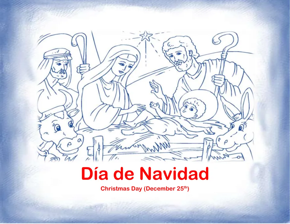 Celebration card labeled Día de Navidad (Christmas Day), showing the Nativity and the date December 25
