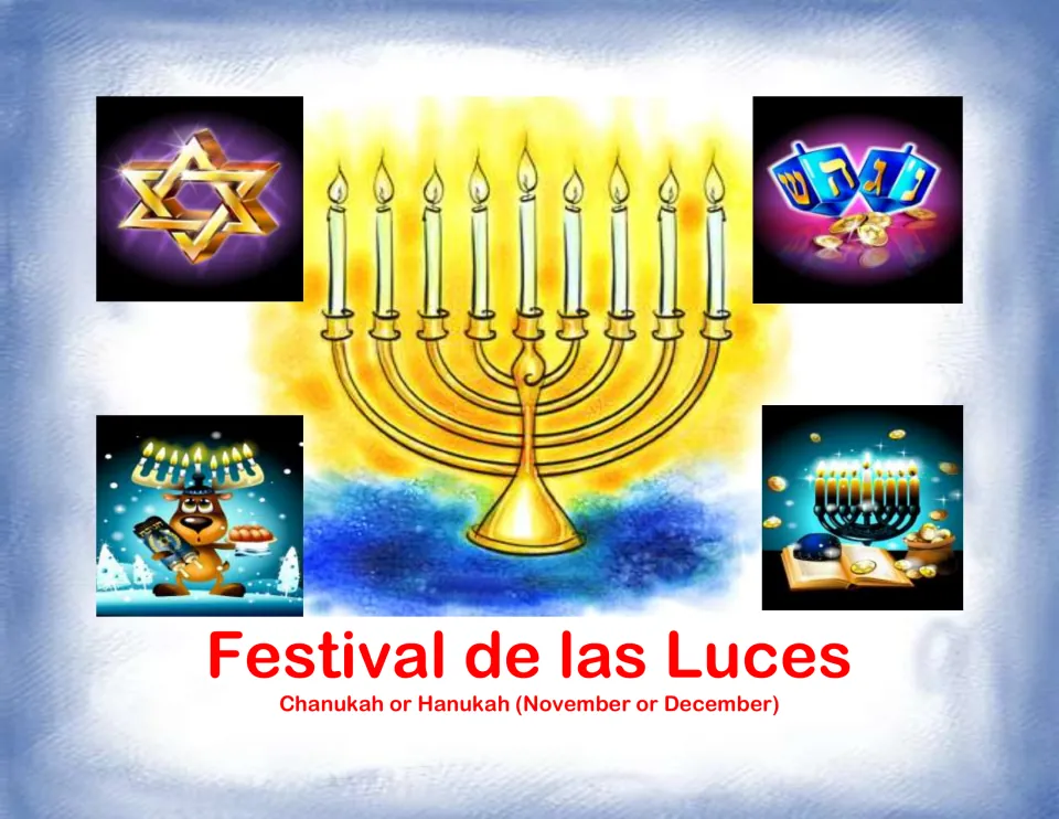 Celebration card labeled Festival de las Luces (Festival of Lights), with Hanukkah candles and dreidels