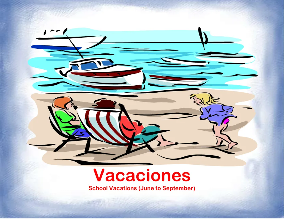 Traditions center card labeled Vacaciones (Vacations), showing a beach outing and school vacation months