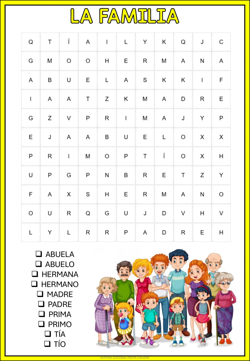La familia word search: students find 10 Spanish family terms, including abuela, madre, primo and tío, and check each off