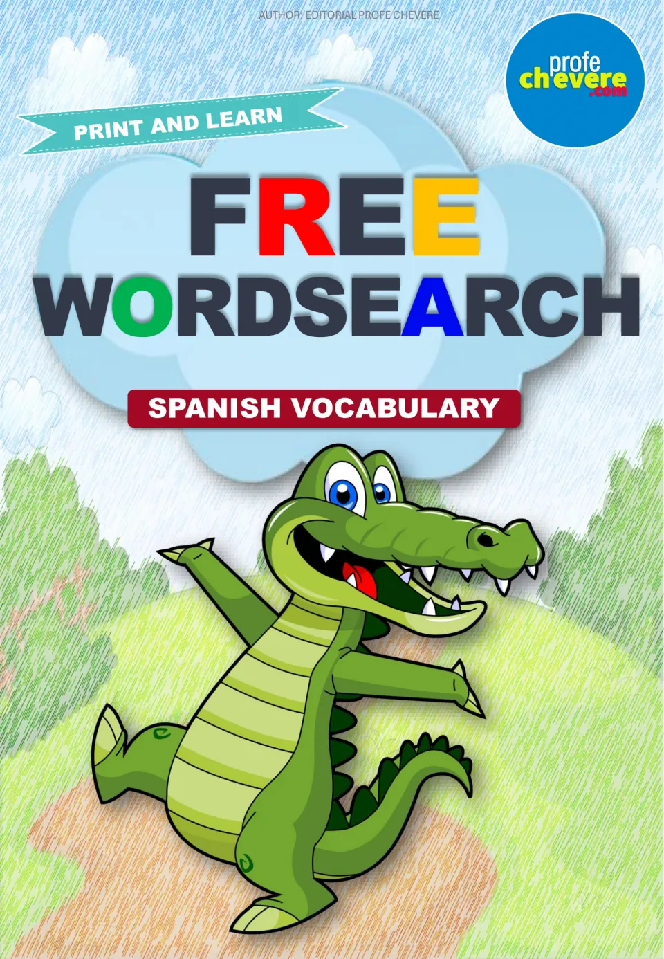 Cover of a Spanish vocabulary word search by Profe Chévere, showing a smiling cartoon crocodile under the title