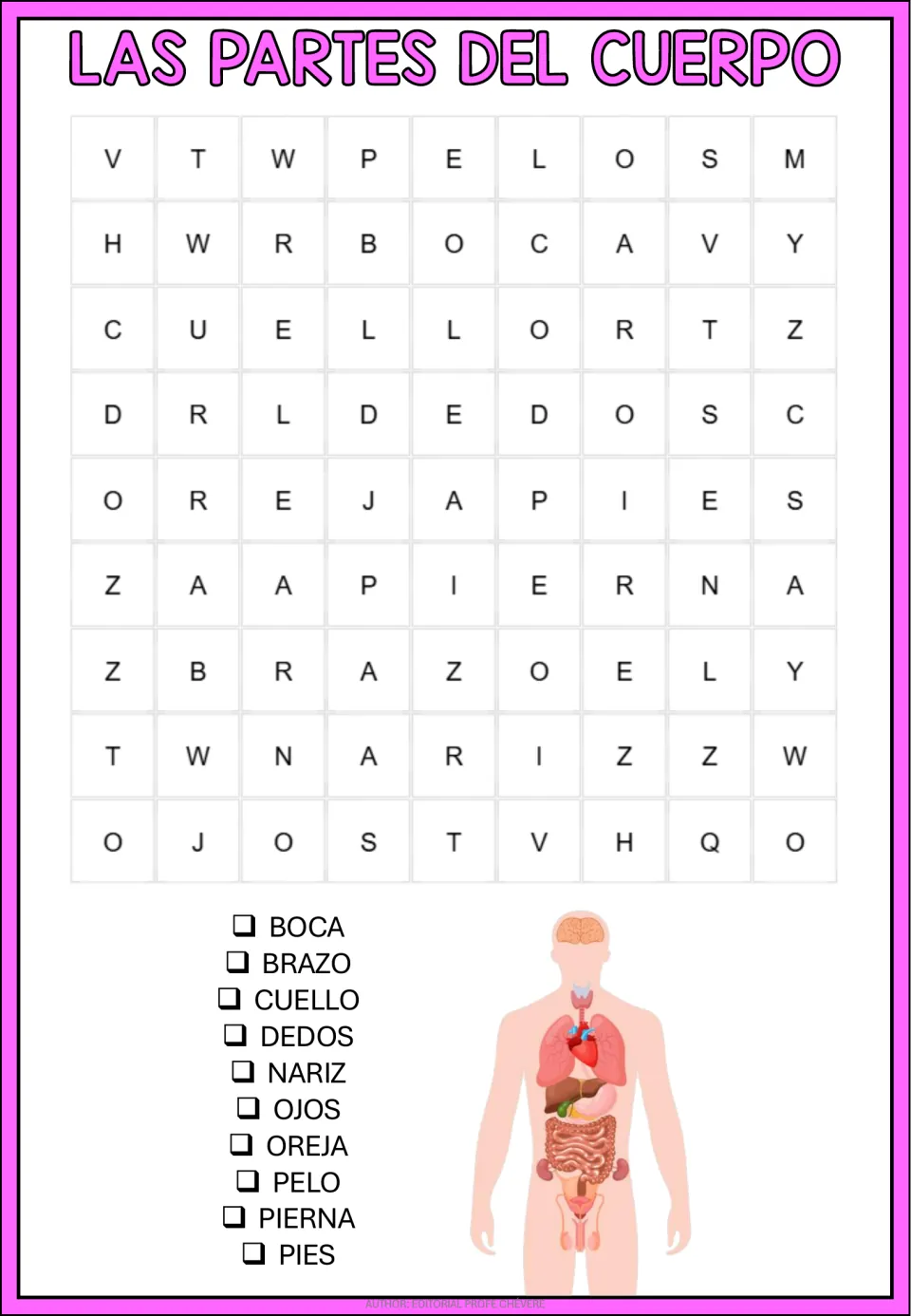 Las partes del cuerpo word search: students find 10 Spanish body-part words such as boca, brazo, nariz and pies
