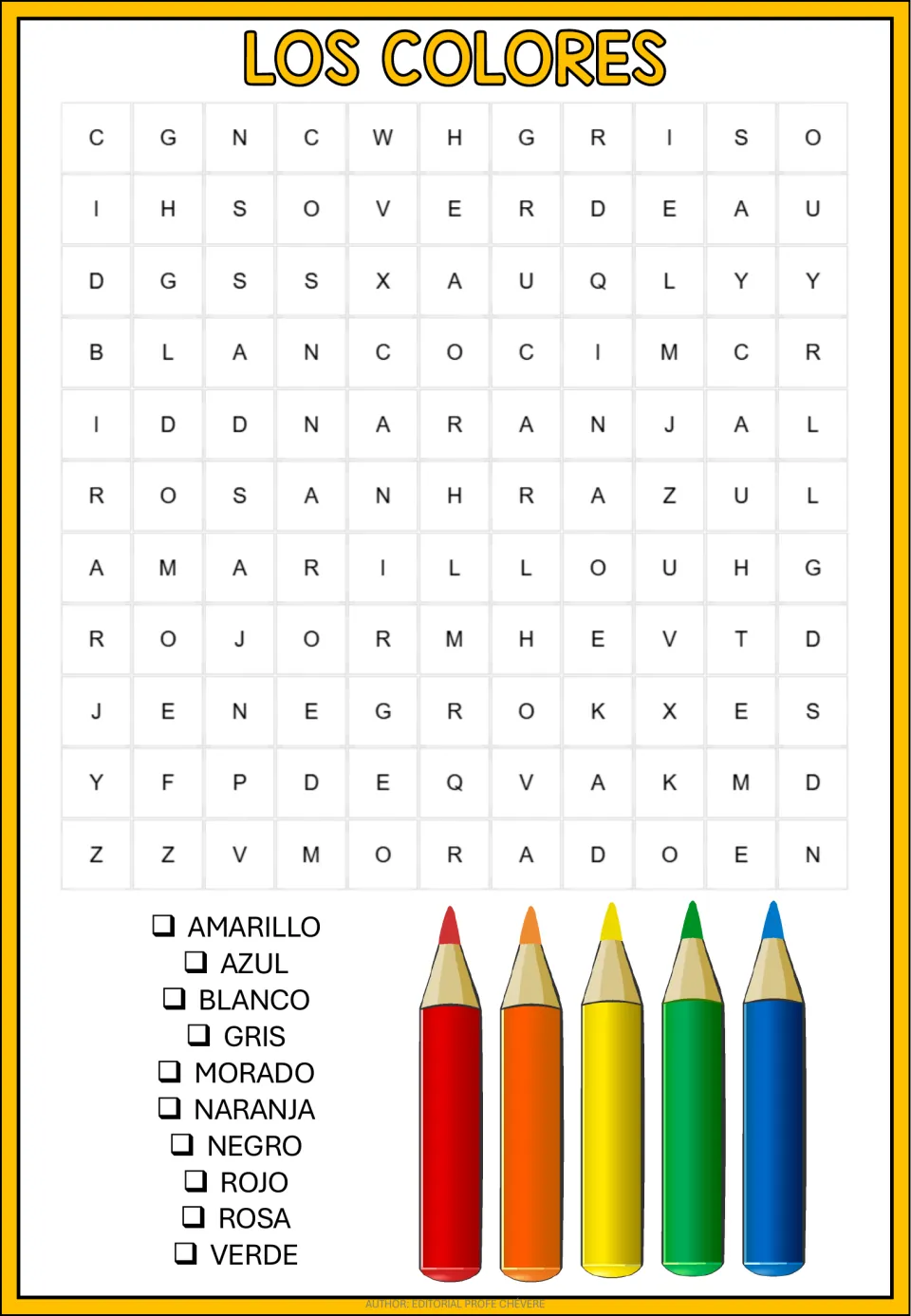 Los colores (colors) word search: amarillo (yellow), azul (blue), blanco (white) and seven more colors.