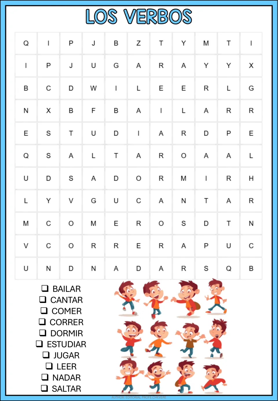 Los verbos: students find 10 Spanish verbs such as bailar, cantar, dormir and saltar in a letter search and tick each off