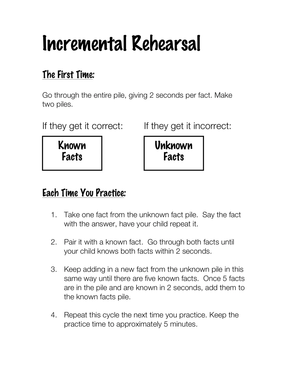 Instruction sheet for sorting known and unknown math facts and practicing recall in five-minute sessions.