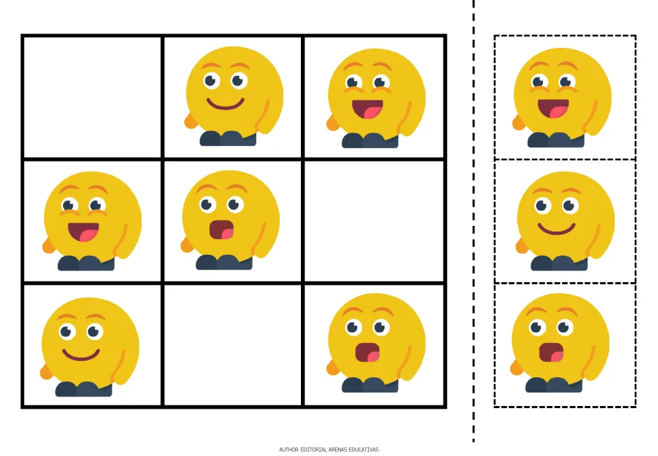 Emoji sudoku puzzle 1 of 5 uses smiling, laughing, and surprised faces, with three matching cutout pieces