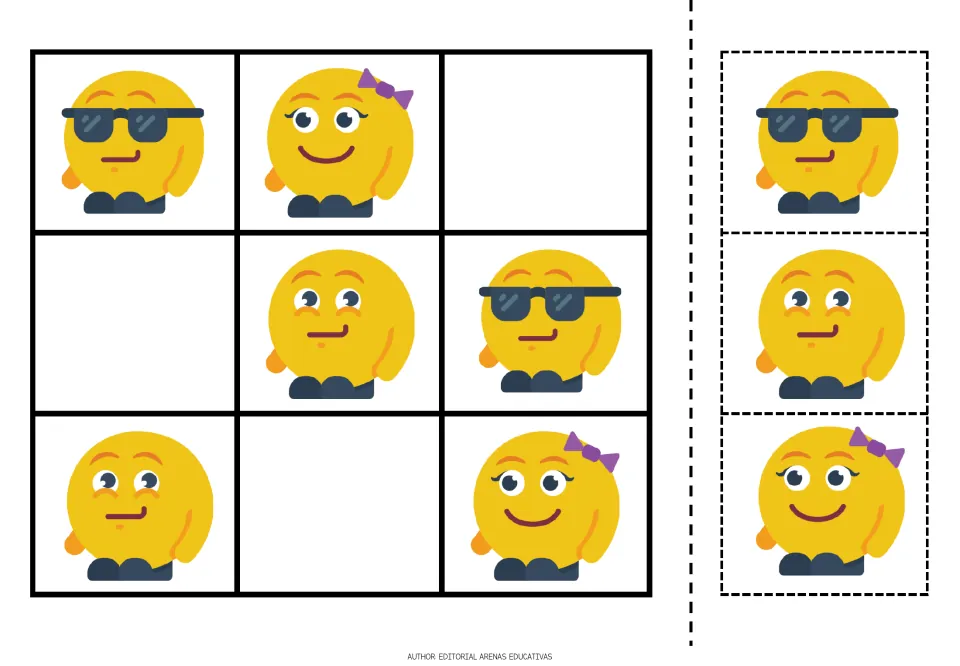 Emoji sudoku puzzle 3 of 5 uses sunglasses, bow-wearing, and sideways-looking faces with cutout pieces