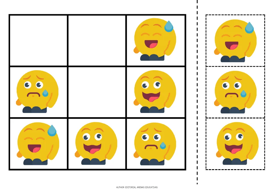 Emoji sudoku puzzle 4 of 5 uses smiling-with-sweat, sad-with-a-tear, and tongue-out faces with cutout pieces