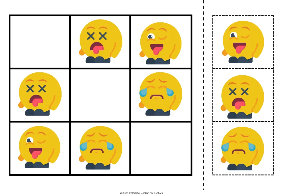 Emoji sudoku puzzle 5 of 5 uses X-eyed, winking tongue-out, and crying faces with three cutout pieces