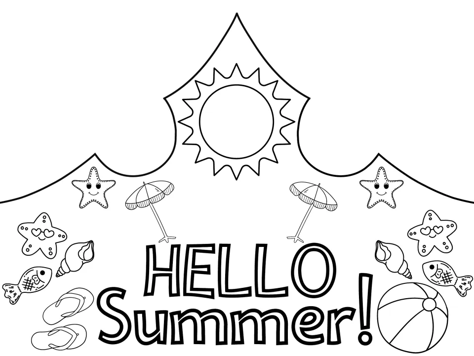 Summer crown front to color reading “HELLO Summer!” with a sun, starfish, fish, flip-flops, and a beach ball