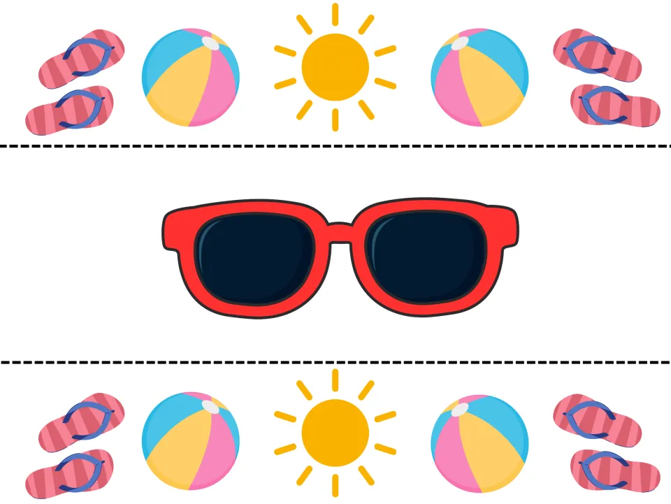Summer crown accessory sheet with two colored bands featuring flip-flops, beach balls, and a sunglasses cutout