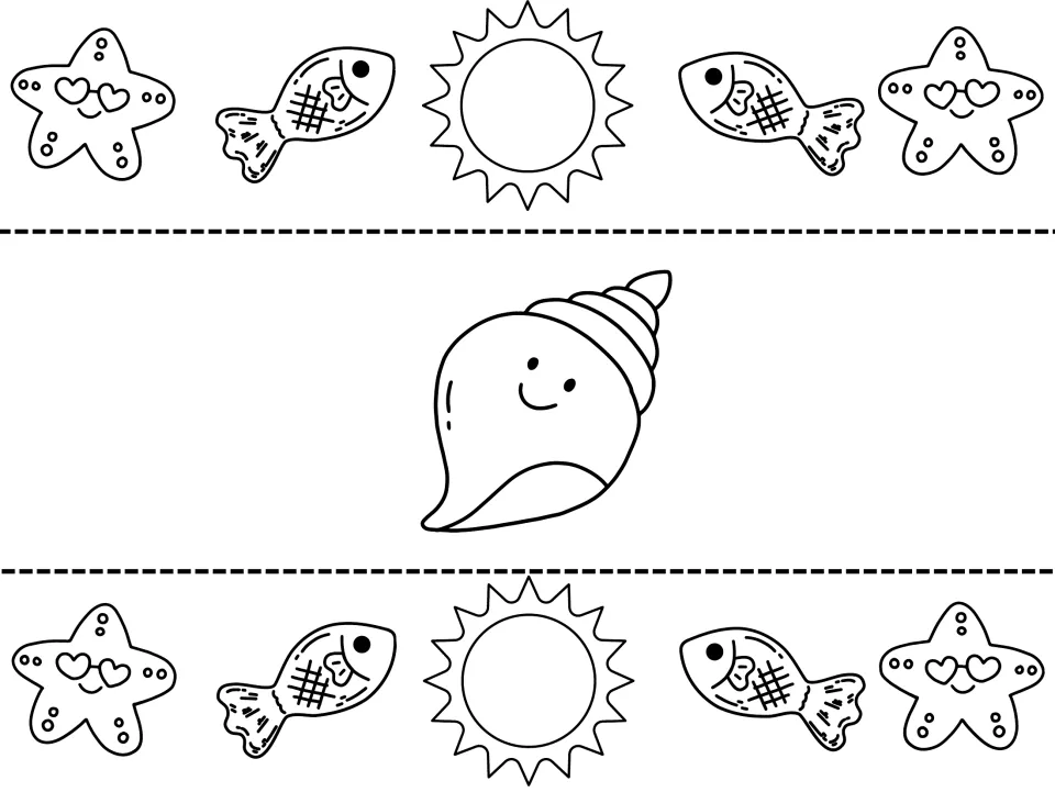Summer crown accessory sheet to color with two bands featuring starfish, fish, suns, and a shell cutout