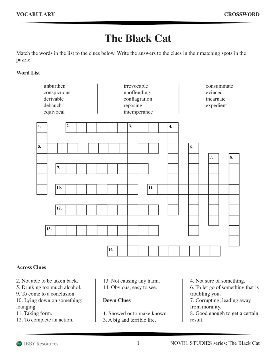Poe vocabulary crossword: students match 14 words such as irrevocable and conflagration to across and down clues