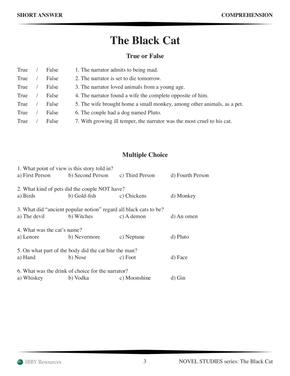 Comprehension quiz on Poe's story opening: 7 true-or-false and 6 multiple-choice questions on the narrator and Pluto