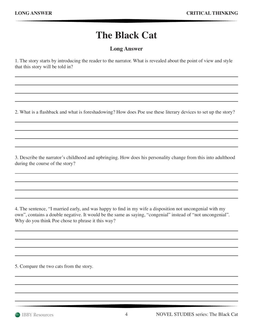 Long-answer questions: students write about point of view, flashback, foreshadowing, a double negative and the two cats