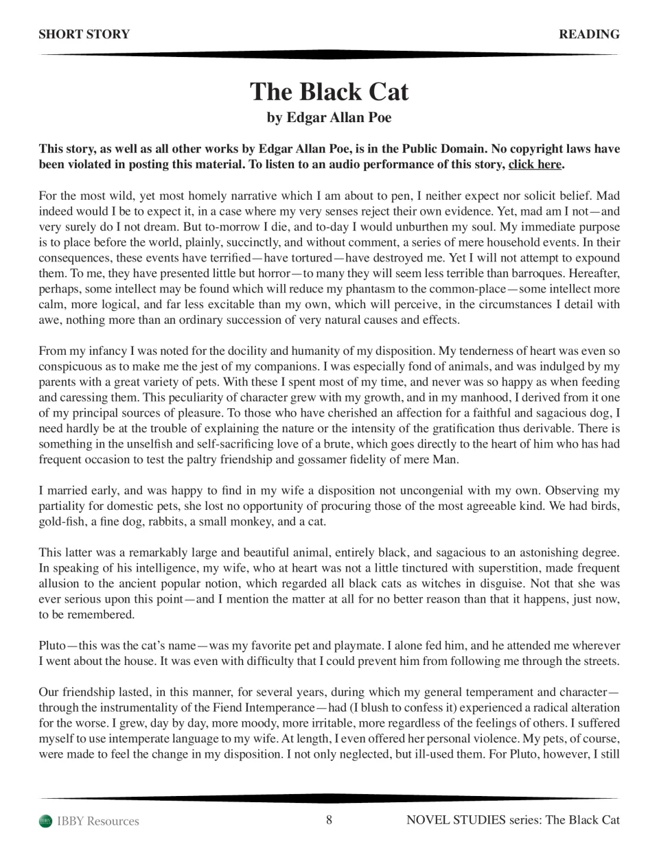 Edgar Allan Poe story text, part 1: the narrator describes his love of animals, his wife and his black cat Pluto