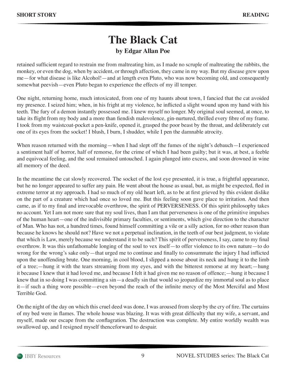 Poe story text, part 2: the drunken narrator cuts out Pluto's eye, later hangs the cat, and his house burns down