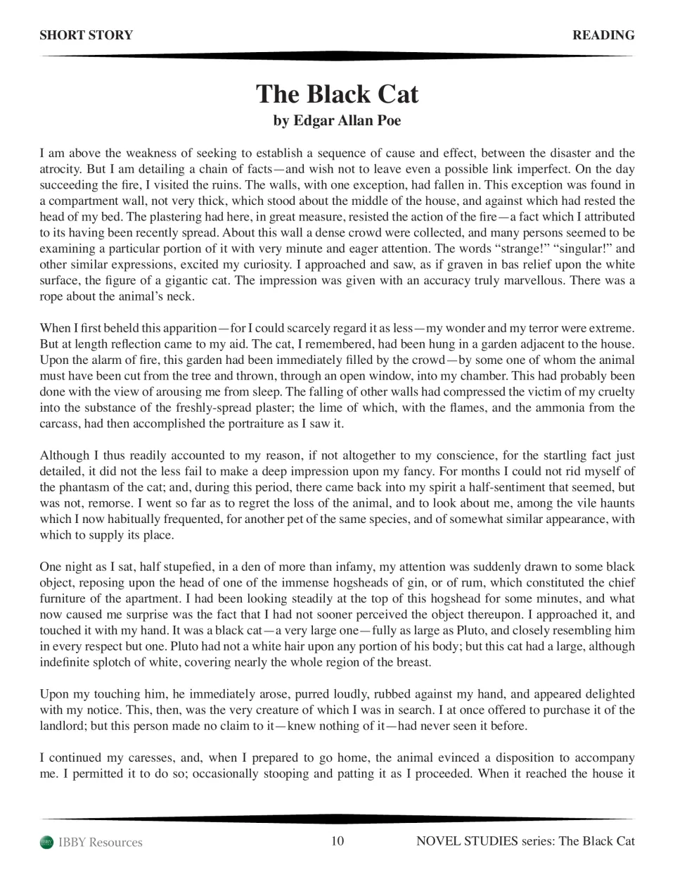 Poe story text, part 3: a cat image appears on the burned wall and the narrator finds a second black cat with a white mark
