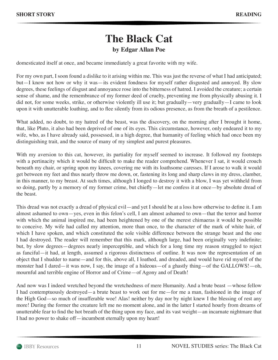 Poe story text, part 4: the narrator's growing dread of the new cat, whose white mark takes the shape of the gallows