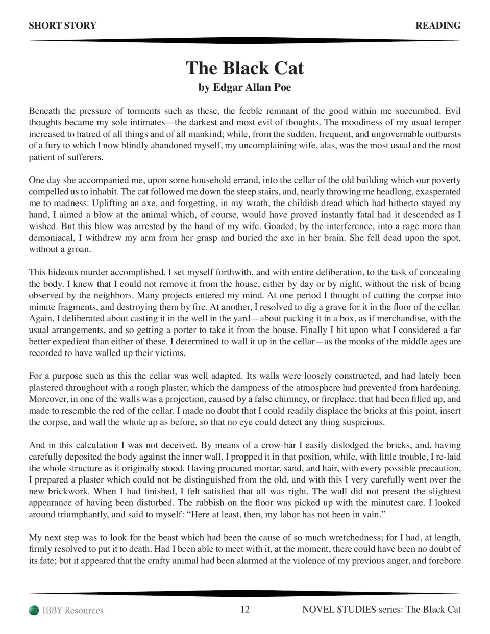 Poe story text, part 5: the narrator kills his wife with an axe and walls her body up in the cellar, then seeks the cat