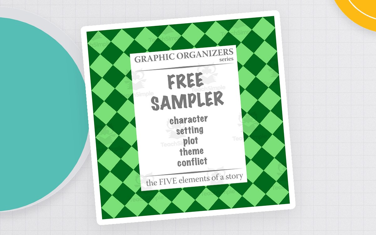 The Five Elements of a Story free-sampler cover listing character, setting, plot, theme, and conflict.