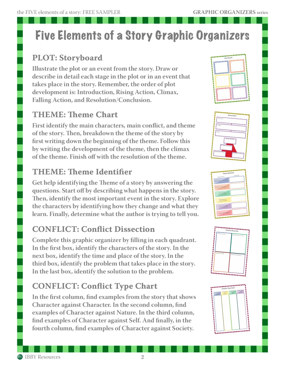 Teacher directions for storyboard, theme chart, theme identifier, conflict dissection and conflict type chart organizers