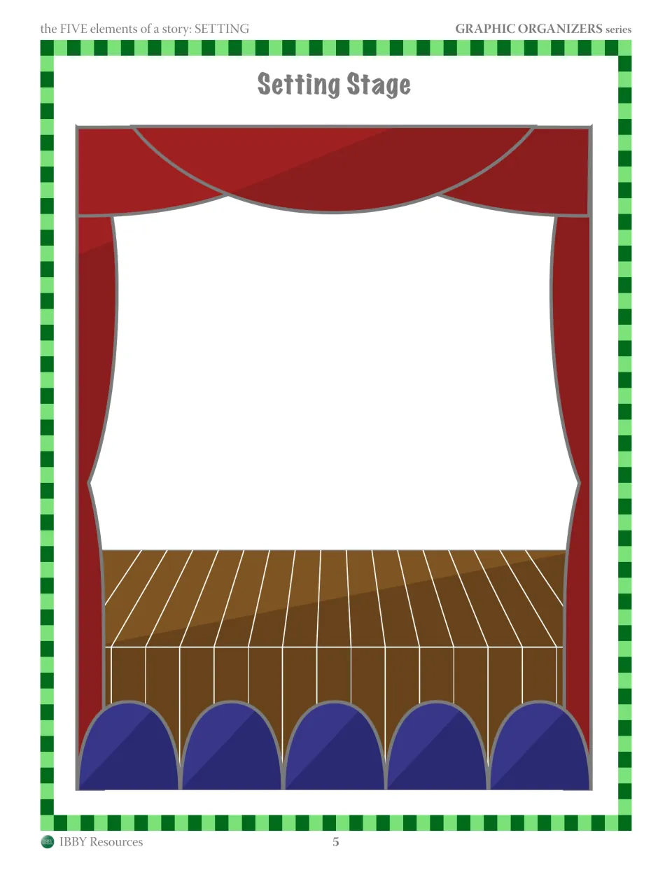 Setting stage: students draw a story's time, place, environment and mood on a blank theater stage with red curtains