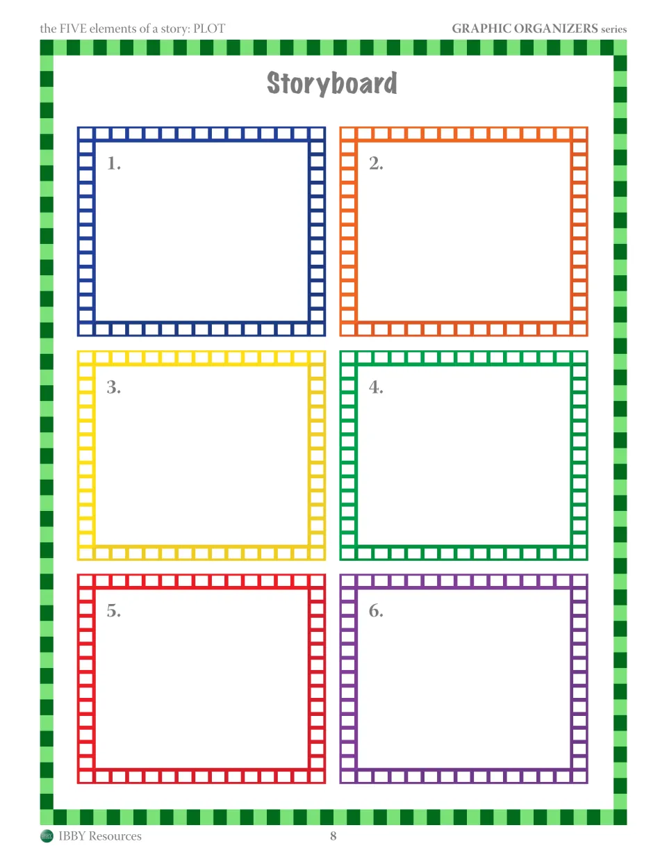 Storyboard: students draw or describe six numbered scenes to show a story's plot or one event in sequence