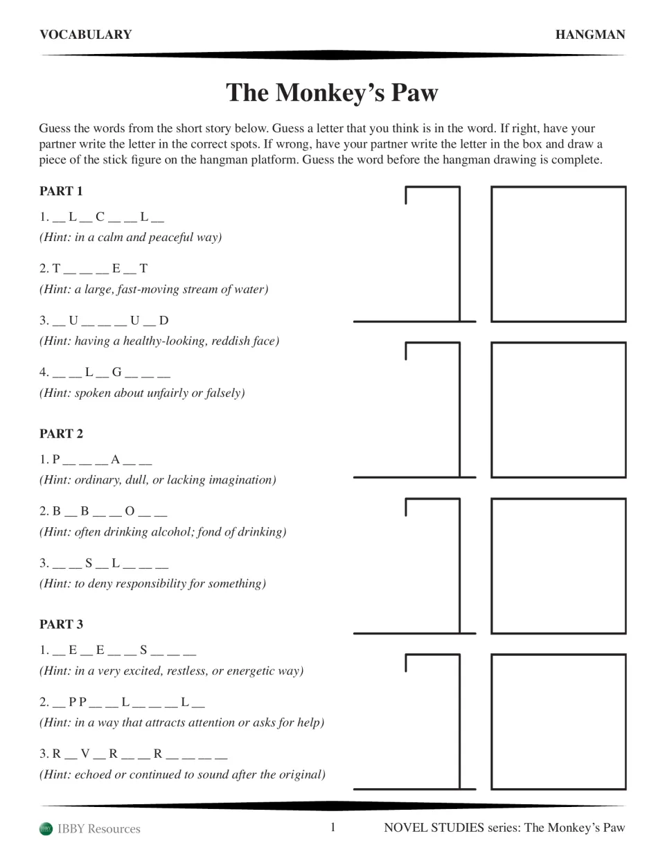 Vocabulary hangman activity: 10 words across three story parts, with letter clues and definition hints